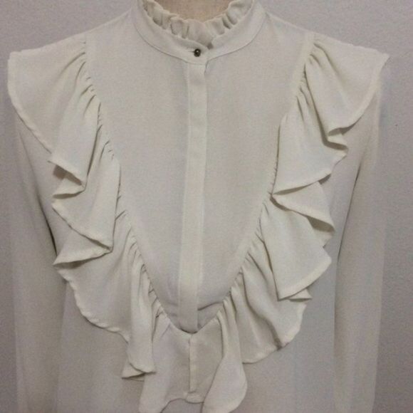 Zara‎ Basic Collection Ivory Long-sleeve Ruffle Blouse - Picture 2 of 8